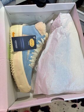 Brandblack women’s  Light Blue Suede High-Top Sneakers with Cream Shearling Trim